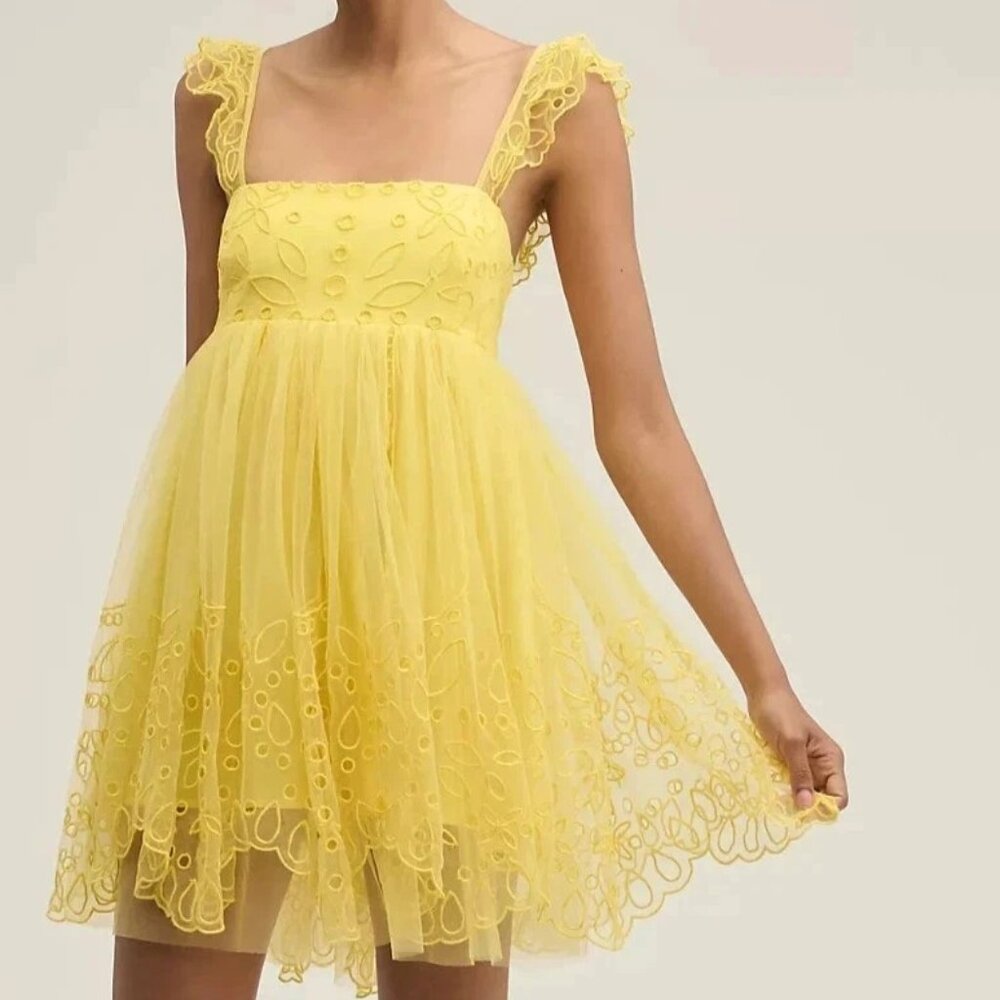 New Anthropologie Let Me Be Eyelet Yellow Tulle Mini Dress M